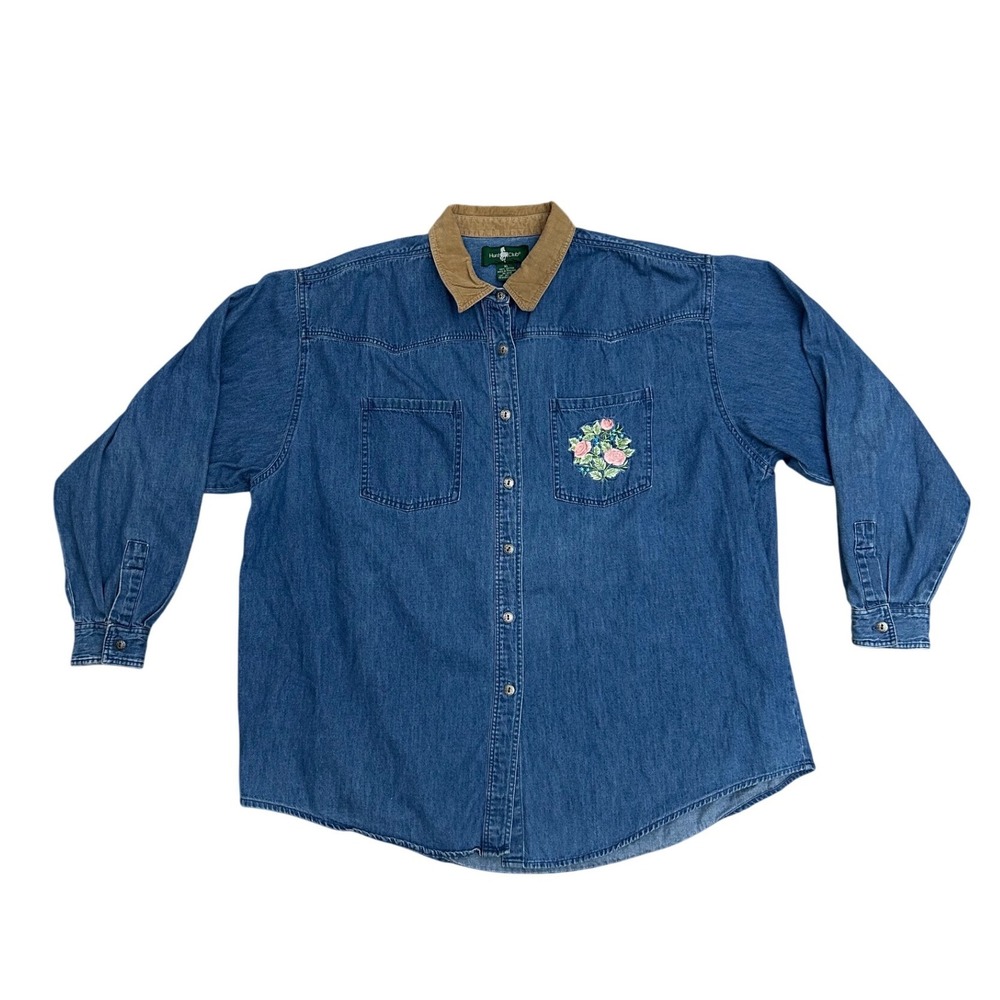 Vtg Denim Shirt XL Floral Embroidery Corduroy Collar Cotton Barn shacket western